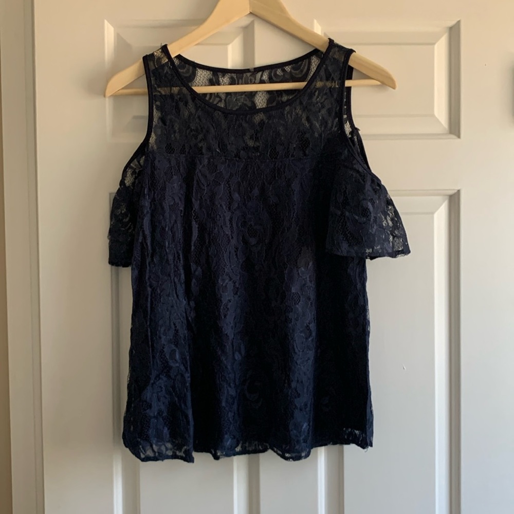 Small navy blue lace cold shoulder blouse